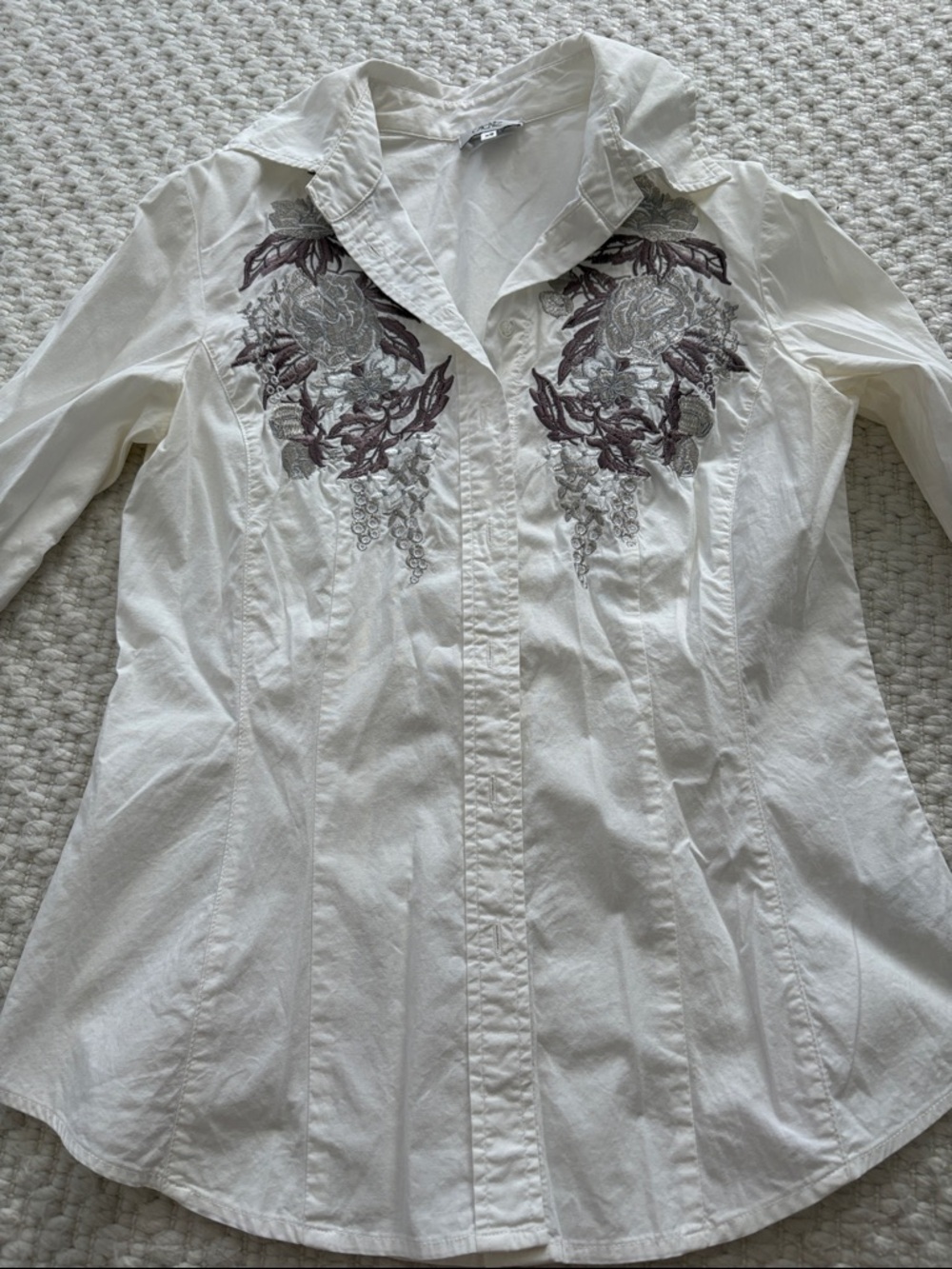 Cache White Button-Up Blouse with Purple Embroidery